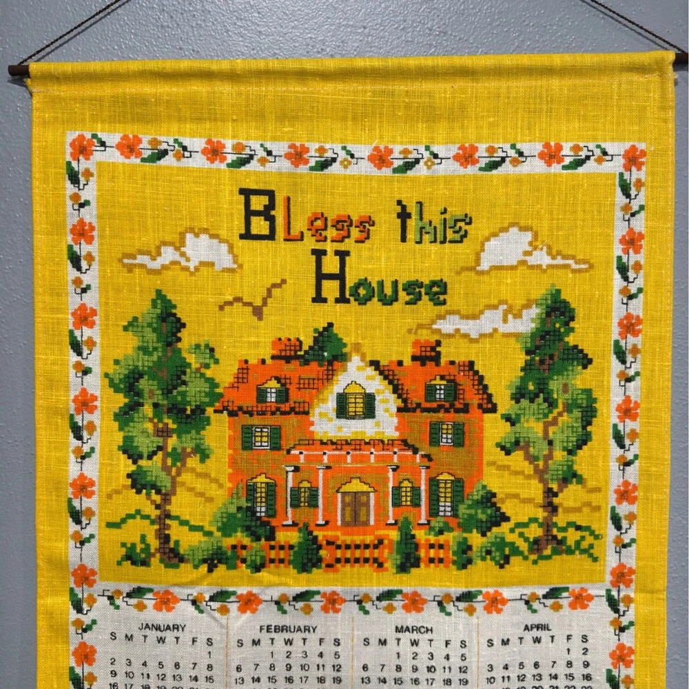 Vintage 1977 Linen Wall Calendar Bless This House Retro Kitsch Yellow 16.5x27.5